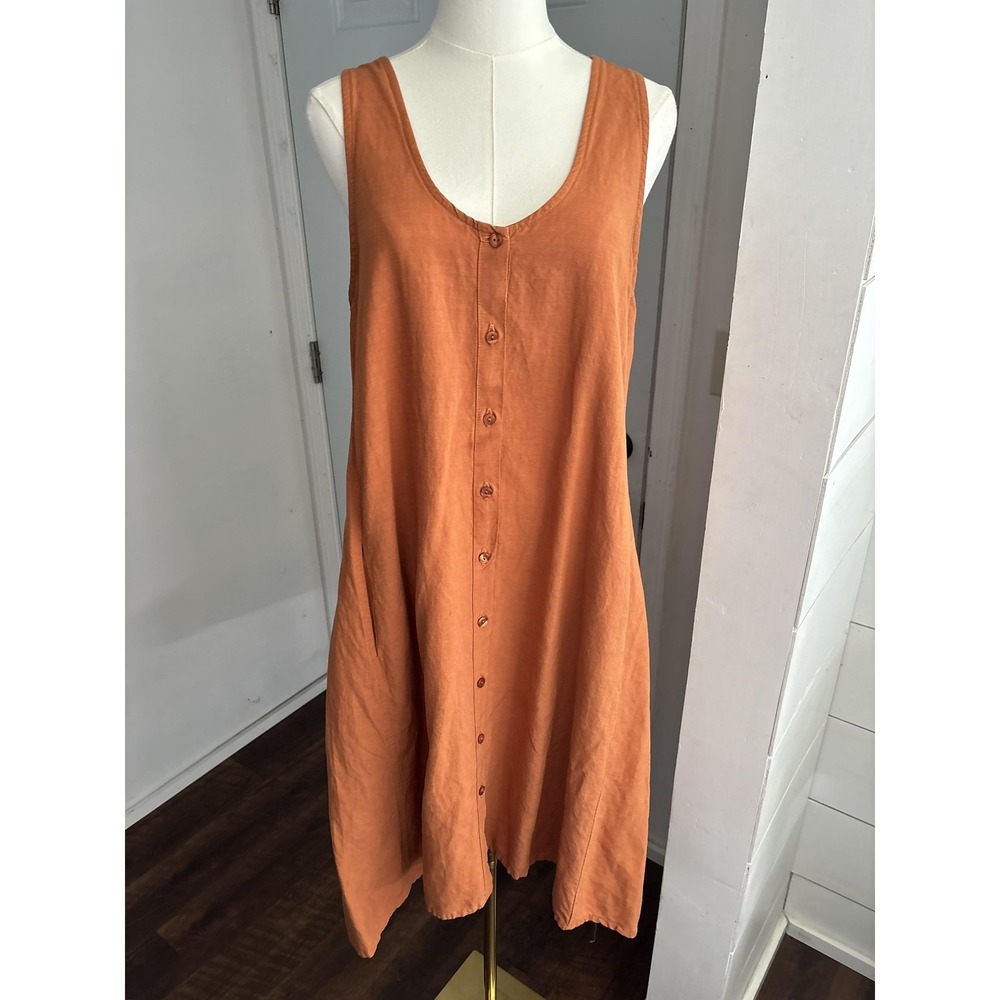 Eve Gravel Dress Womens Medium Orange Linen Blend Button Front Midi Sleeveless